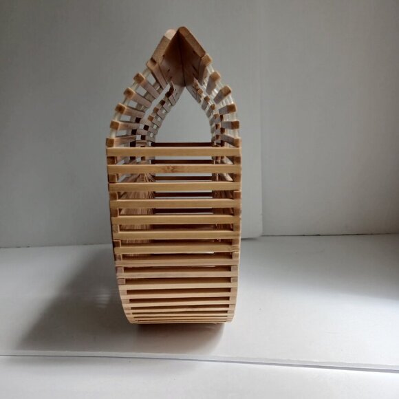 Woven Rattan Tan Bamboo Semi Circle Arc Satchel Bag - Picture 5 of 9